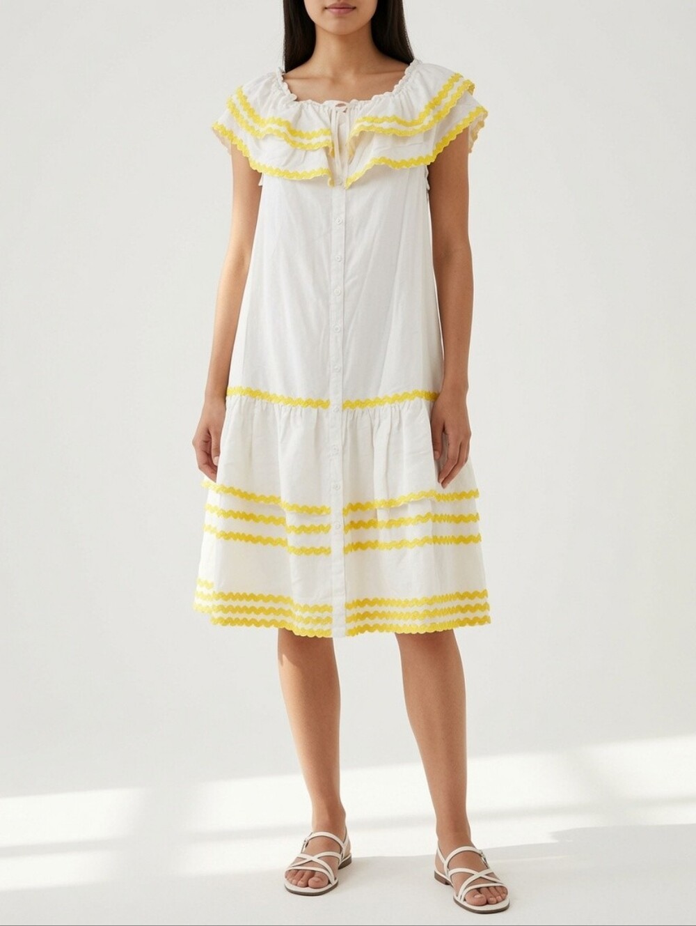 Lisa Marie Fernandez White Yellow Ric Rac Tiered Mini Dress Size M